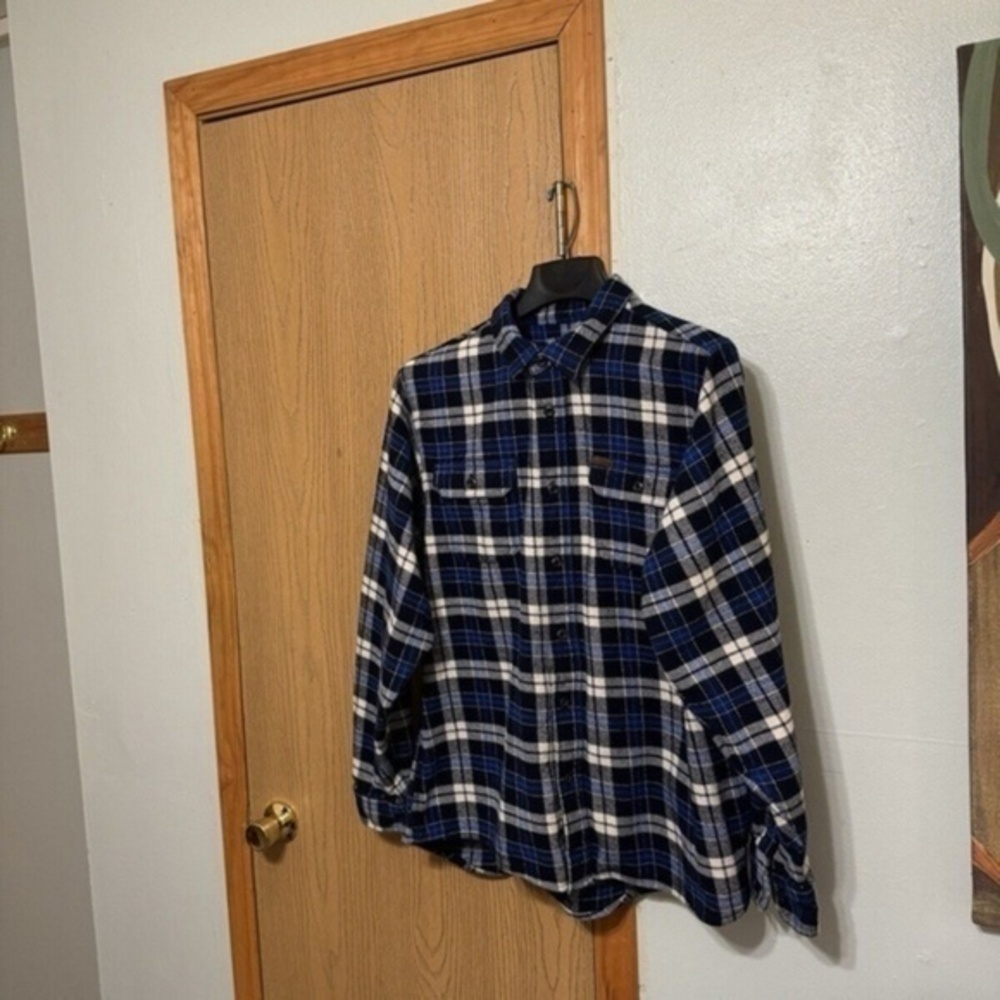 Orvis XL Blue & White w/Plaid Print Long Sleeve Button-Front Heavy Flannel Shirt